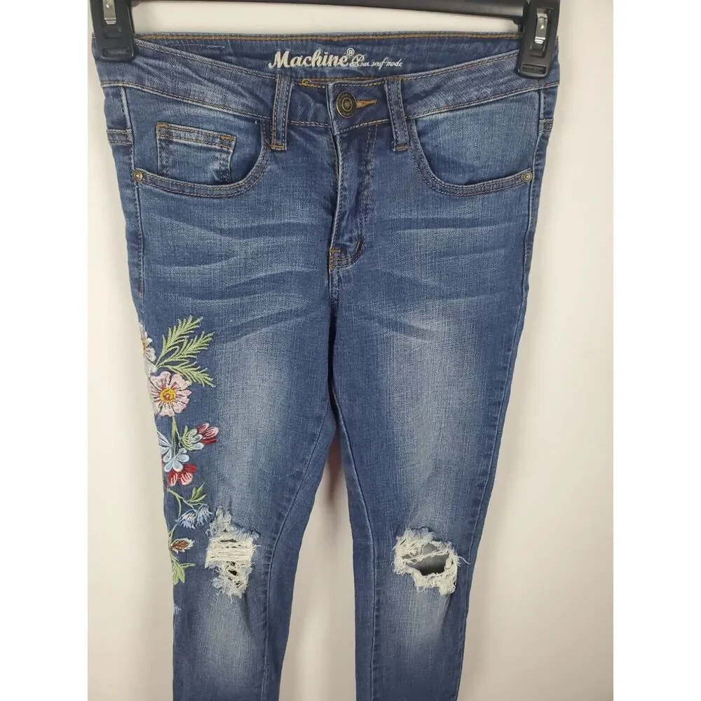 Machine Jeans Womens Juniors 1 Floral Embroidered Skinny Leg Distressed Mid Rise